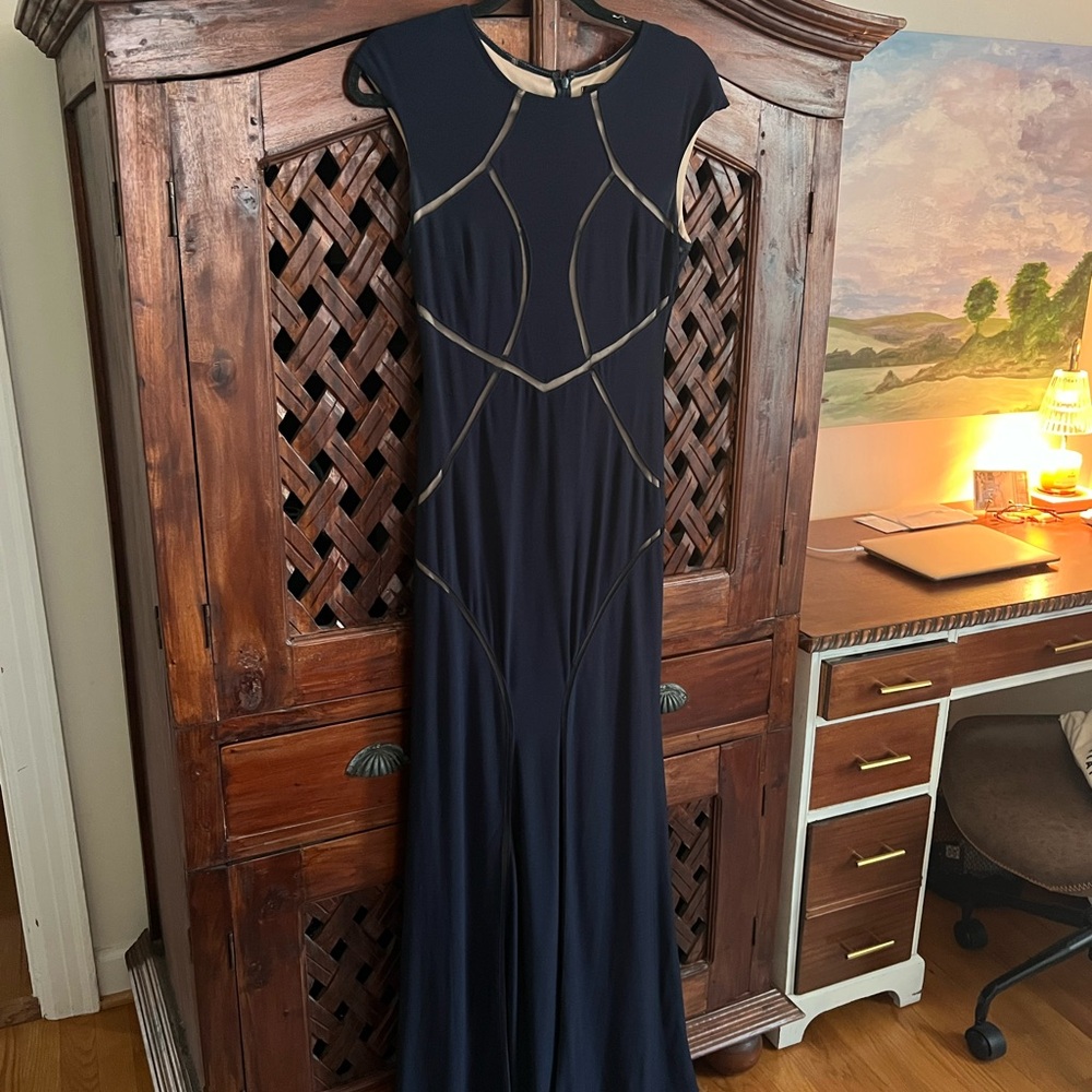 Xscape Blue and Nude Sleeveless Maxi Gown